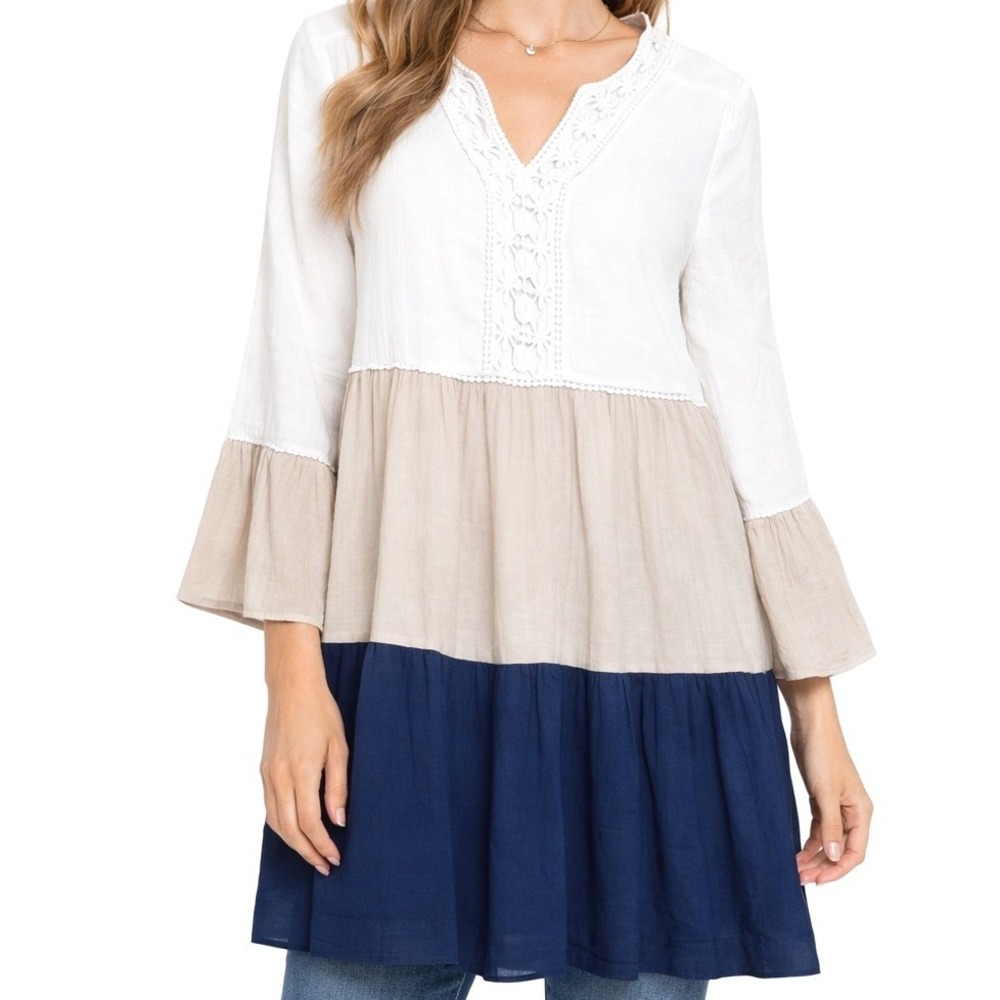Cal Style Women Colorblock Tiered Crochet Lace V-Neck Bell Sleeve‎ Tunic Top L
